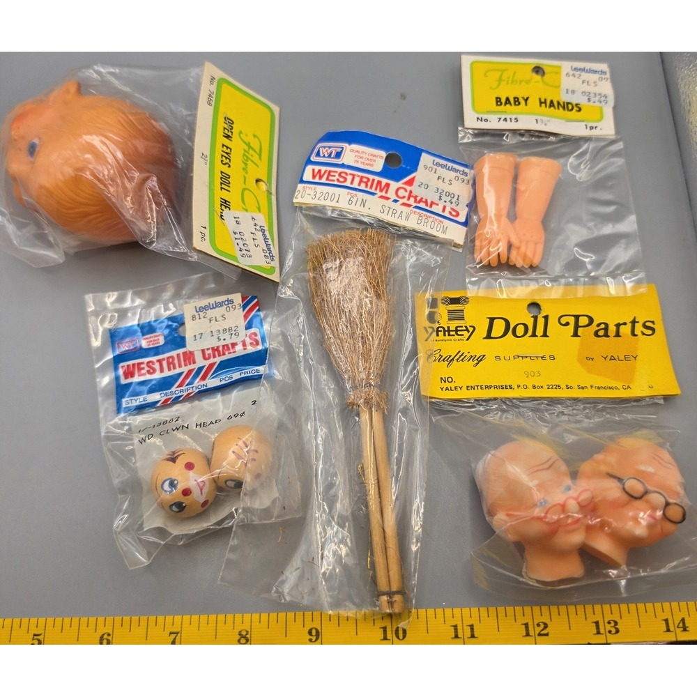 Vintage Doll Parts Craft Lot Fibre-Craft Yaley Westrim NOS Heads Hands Broom